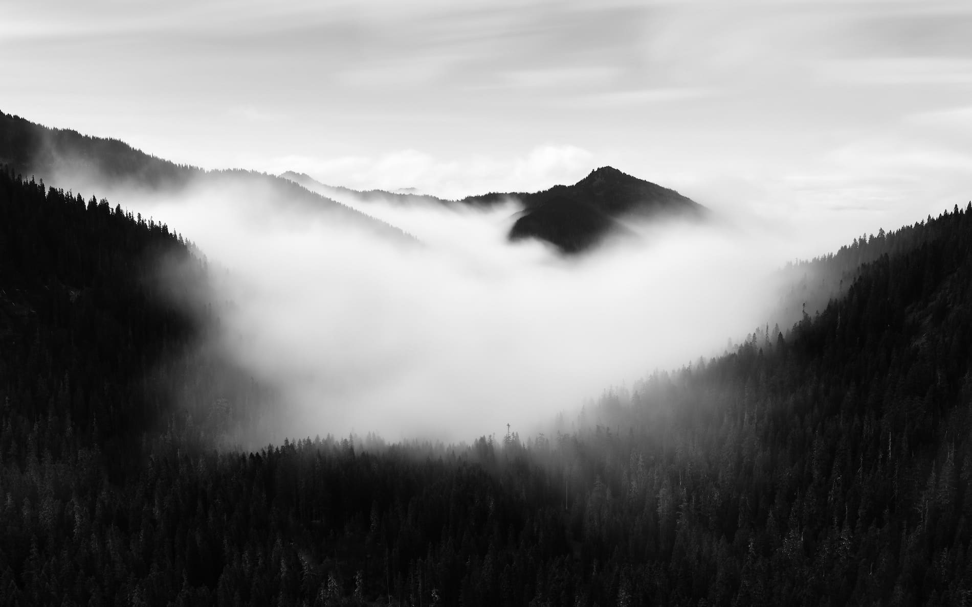 Misty mountain ridgeline at dusk